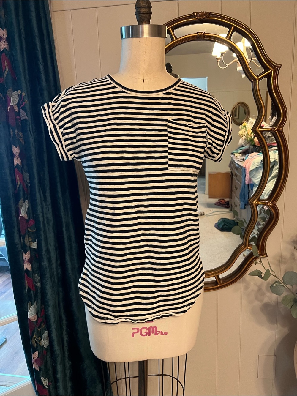 Striped Black & White heavy weight cotton Pocket Tee - Women